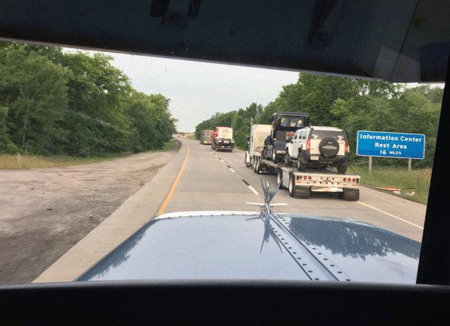 1. California here we come! It's a convoy of race trucks.